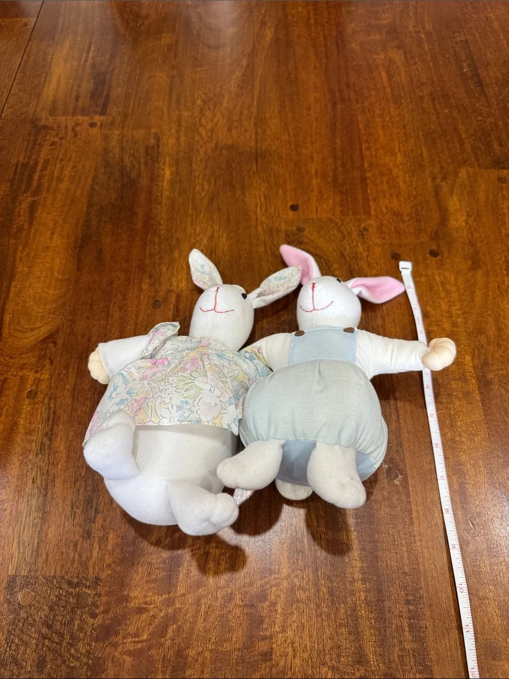Vintage Pair of Plush Bunny Dolls in Pastel Floral Dress & Light Blue Overalls